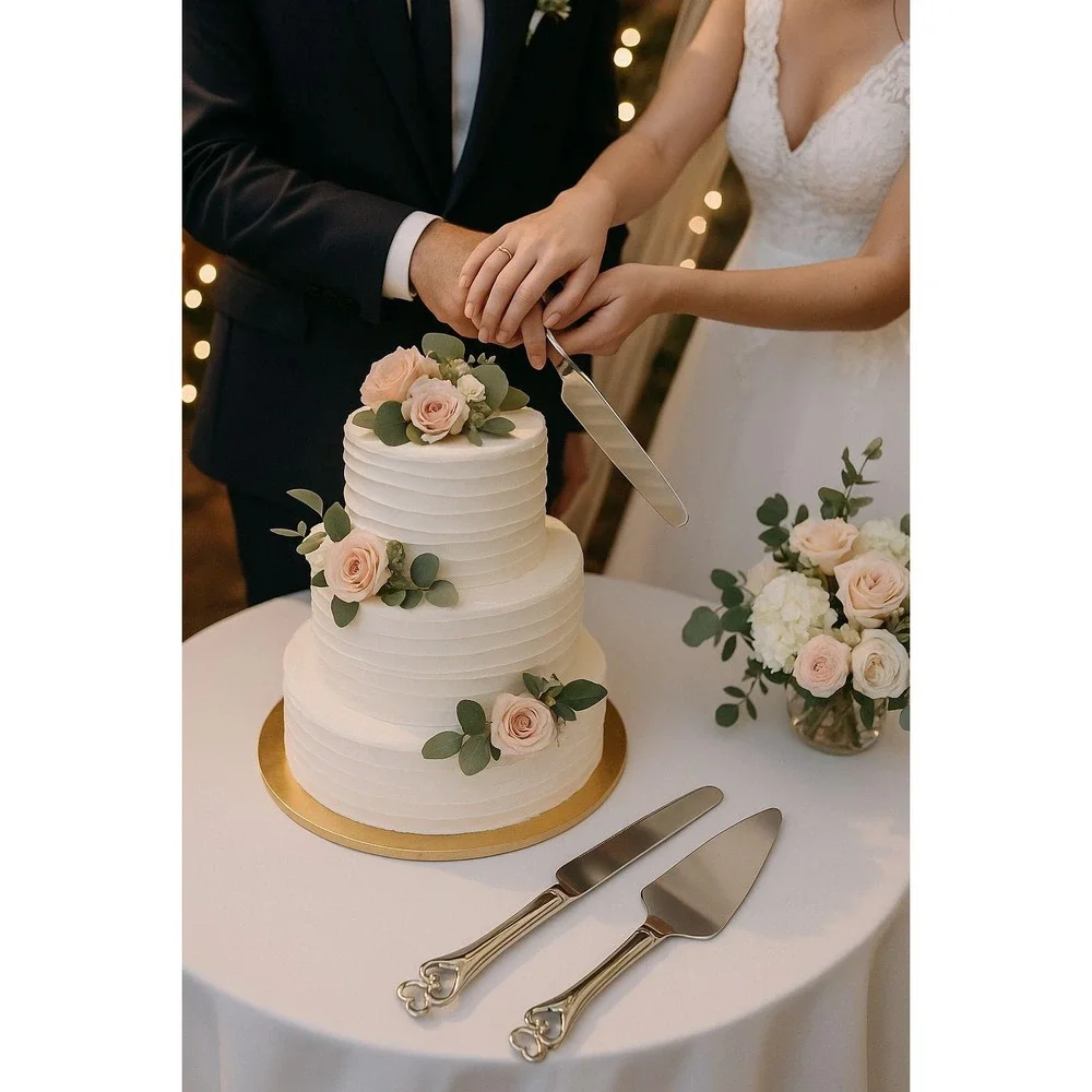 Wedding Promises Cake Knife & Server Set - Double Heart Design - Stainless Steel